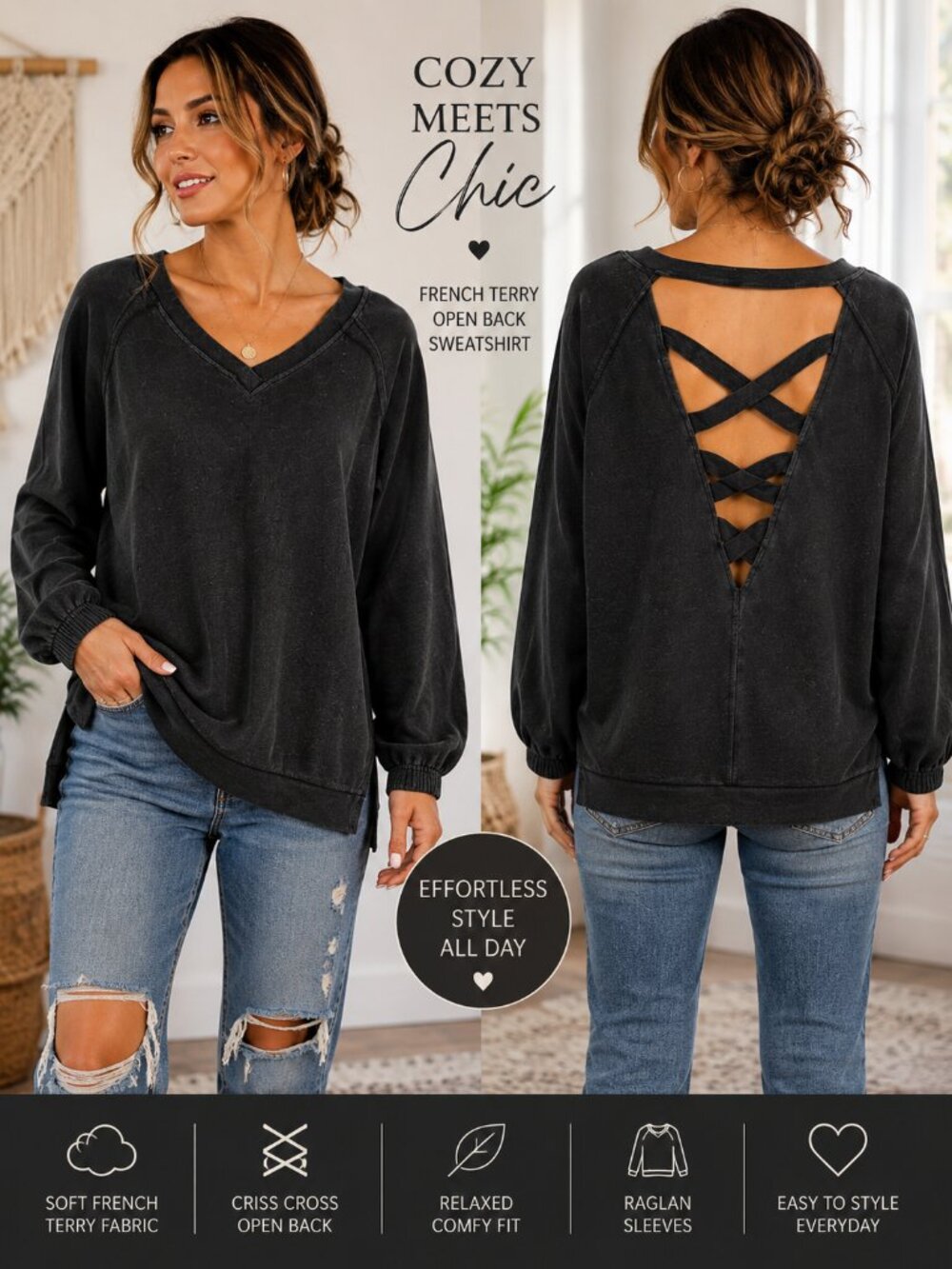 POL Washed Black French Terry Open Back Criss Cross Sweatshirt Small